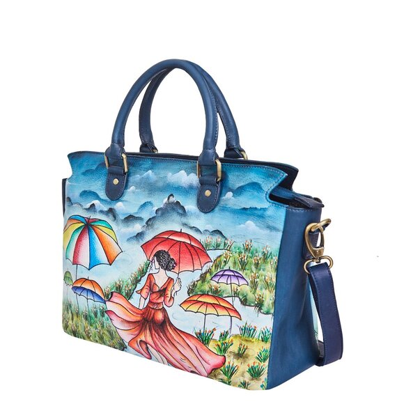 Leather Hand-Painted Women Blue Top Handle Tote Bag, Satchel Handbag, Crossbody - Picture 8 of 9